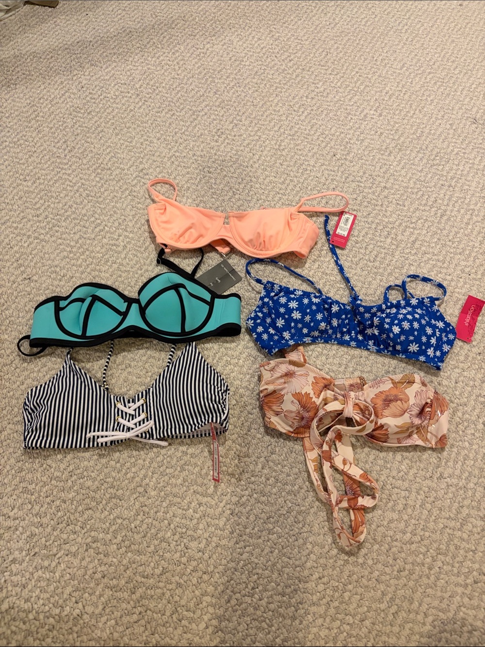 Mixed Bikini Top Lot - Peach, Teal, Blue, Black/White, Floral